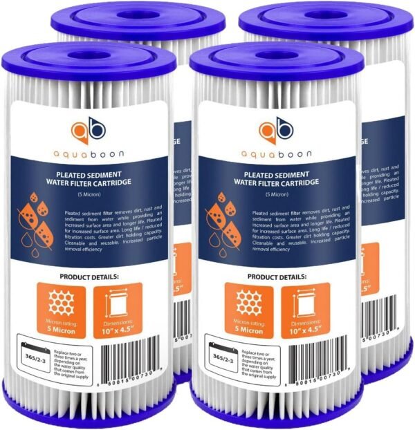 Aquaboon 5 Micron Pleated Sediment Water Filter 10 x 4.5 Cartridge - Whole House Water Filter Replacement - Whole House Water Filters Cartridges Compatible with Well Filters...