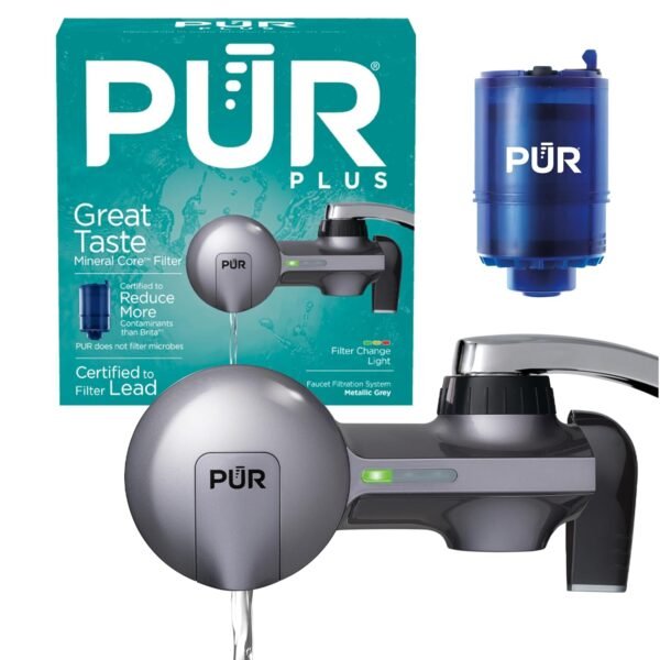 PUR PLUS Horizontal Faucet Mount Water Filtration System with 3-in-1 Lead Reducing Filter for Great-Tasting Filtered Tap Water, Lasts 100 Gallons, Fits Most Kitchen or Bathroom...